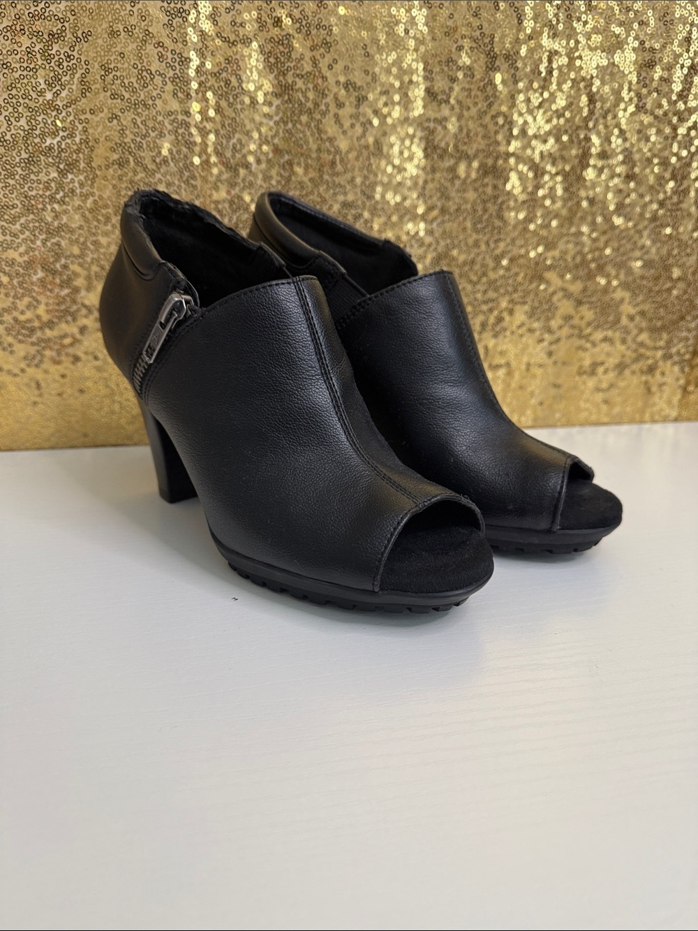 AEROSOLES Black Peep-Toe Zip Block Heel Mules